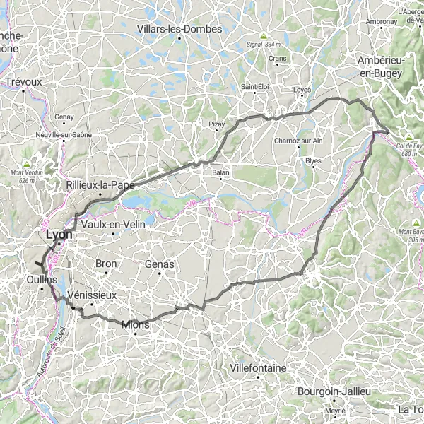 Map miniature of "Ste-Foy-lès-Lyon to Oullins via La Boisse and Lyon" cycling inspiration in Rhône-Alpes, France. Generated by Tarmacs.app cycling route planner