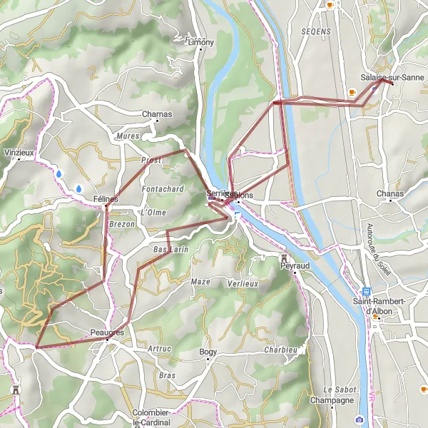 Zemljevid v pomanjšavi "Razgibana pot okoli Salaise-sur-Sanne" kolesarske inspiracije v Rhône-Alpes, France. Generirano z načrtovalcem kolesarskih poti Tarmacs.app