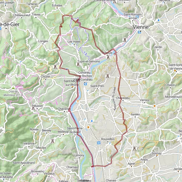 Kartminiatyr av "Utforska Chavanay och La Chapelle-Villars" cykelinspiration i Rhône-Alpes, France. Genererad av Tarmacs.app cykelruttplanerare