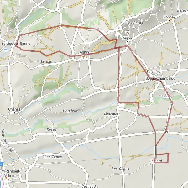 Miniature de la carte de l'inspiration cycliste "Les collines pittoresques de l'Isère" dans la Rhône-Alpes, France. Générée par le planificateur d'itinéraire cycliste Tarmacs.app