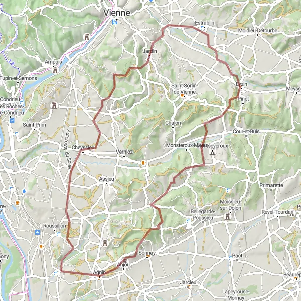Mapa miniatúra "Gravel Cycling Adventure near Salaise-sur-Sanne" cyklistická inšpirácia v Rhône-Alpes, France. Vygenerované cyklistickým plánovačom trás Tarmacs.app