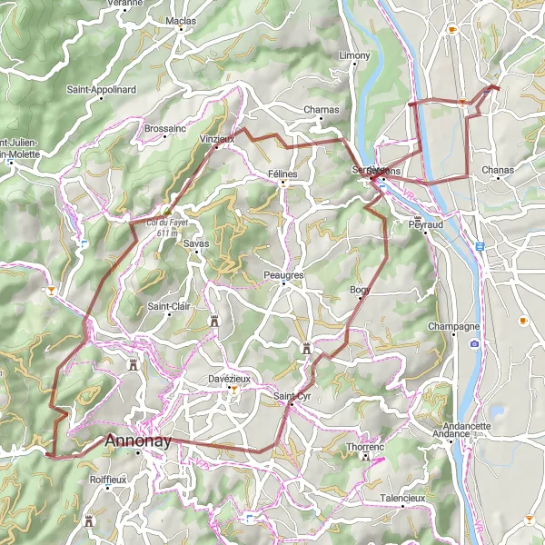Karten-Miniaturansicht der Radinspiration "Gravel Route über Col du Fayet und Annonay" in Rhône-Alpes, France. Erstellt vom Tarmacs.app-Routenplaner für Radtouren