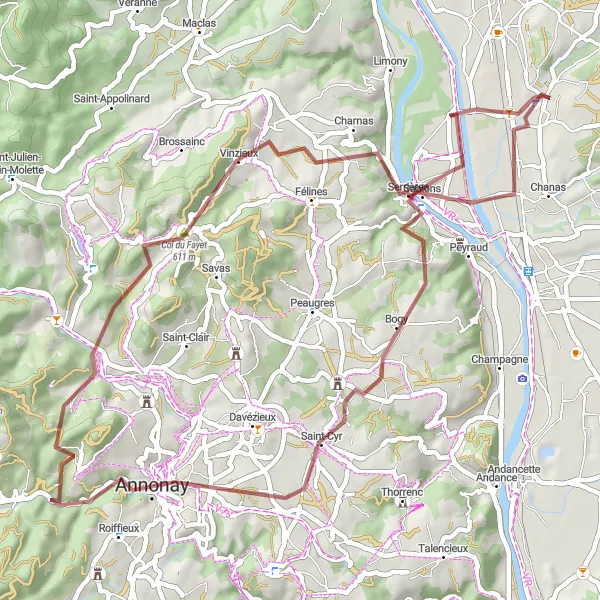 Miniature de la carte de l'inspiration cycliste "Les sentiers gravel de l'Ardèche" dans la Rhône-Alpes, France. Générée par le planificateur d'itinéraire cycliste Tarmacs.app