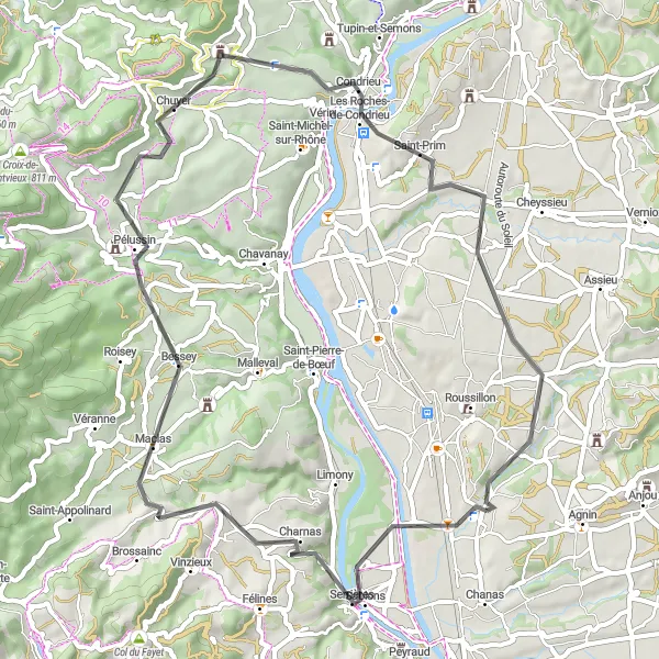Miniature de la carte de l'inspiration cycliste "Les collines du Pilat" dans la Rhône-Alpes, France. Générée par le planificateur d'itinéraire cycliste Tarmacs.app