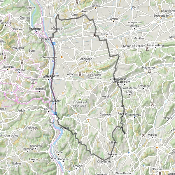 Miniatura della mappa di ispirazione al ciclismo "Tour in bicicletta panoramico attraverso Ratières e Marsaz" nella regione di Rhône-Alpes, France. Generata da Tarmacs.app, pianificatore di rotte ciclistiche