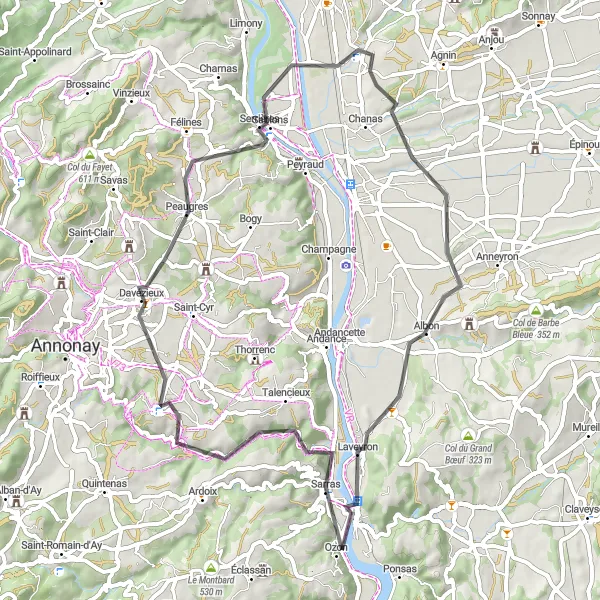 Miniature de la carte de l'inspiration cycliste "Les collines de l'Ardeche" dans la Rhône-Alpes, France. Générée par le planificateur d'itinéraire cycliste Tarmacs.app