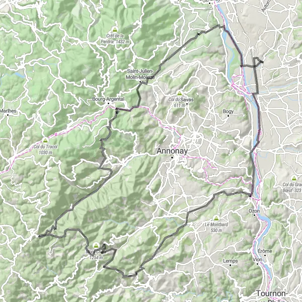 Map miniature of "The Ultimate Road Cycling Adventure" cycling inspiration in Rhône-Alpes, France. Generated by Tarmacs.app cycling route planner