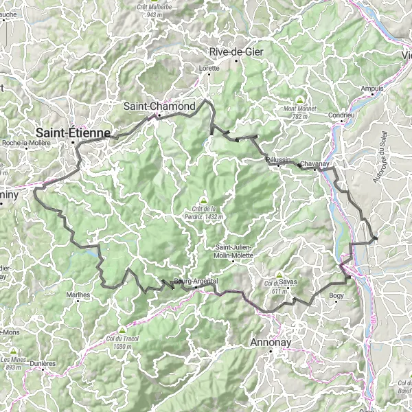 Miniaturní mapa "Do výšin a dolin kolem Salaise-sur-Sanne" inspirace pro cyklisty v oblasti Rhône-Alpes, France. Vytvořeno pomocí plánovače tras Tarmacs.app