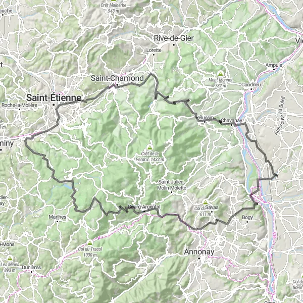 Miniatua del mapa de inspiración ciclista "Ruta de Carretera a Pélussin" en Rhône-Alpes, France. Generado por Tarmacs.app planificador de rutas ciclistas