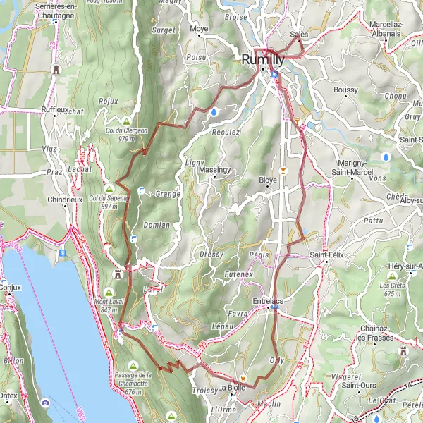 Miniatua del mapa de inspiración ciclista "Ruta de 43 km por grava" en Rhône-Alpes, France. Generado por Tarmacs.app planificador de rutas ciclistas