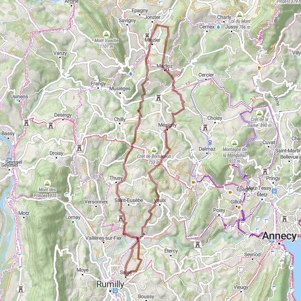 Mapa miniatúra "Gravel trasa okolo Château de Chitry" cyklistická inšpirácia v Rhône-Alpes, France. Vygenerované cyklistickým plánovačom trás Tarmacs.app