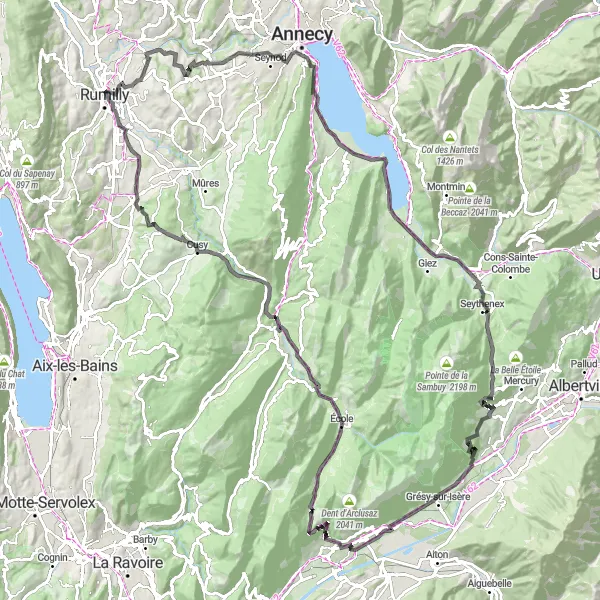 Zemljevid v pomanjšavi "Panoramska vožnja od Étercy do Salesa" kolesarske inspiracije v Rhône-Alpes, France. Generirano z načrtovalcem kolesarskih poti Tarmacs.app