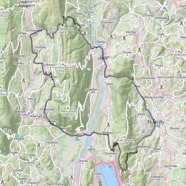 Miniatuurkaart van de fietsinspiratie "Tocht naar Col de Richemond" in Rhône-Alpes, France. Gemaakt door de Tarmacs.app fietsrouteplanner