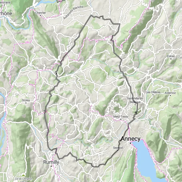 Miniaturní mapa "Okružní cyklistická trasa od Sales" inspirace pro cyklisty v oblasti Rhône-Alpes, France. Vytvořeno pomocí plánovače tras Tarmacs.app