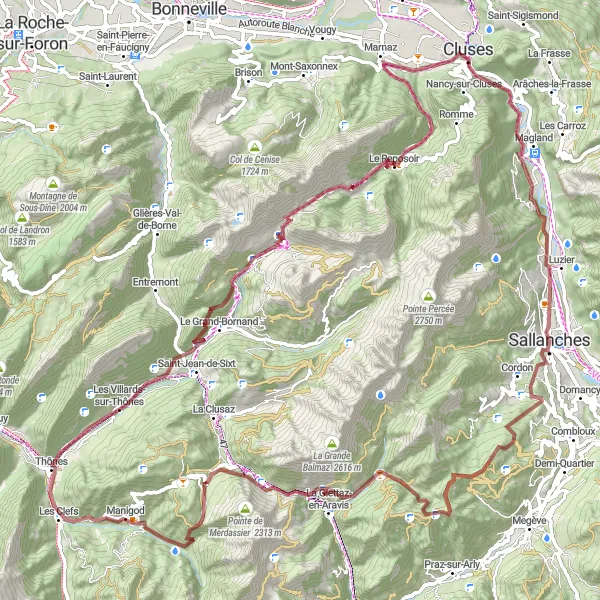 Zemljevid v pomanjšavi "Scenic gravel route with mountainous landscapes near Sallanches" kolesarske inspiracije v Rhône-Alpes, France. Generirano z načrtovalcem kolesarskih poti Tarmacs.app