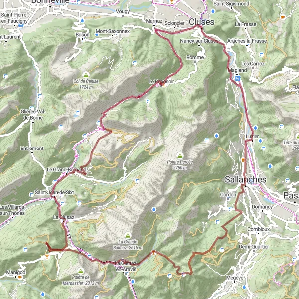 Mapa miniatúra "Gravel dobrodružstvo v okolí Sallanches" cyklistická inšpirácia v Rhône-Alpes, France. Vygenerované cyklistickým plánovačom trás Tarmacs.app