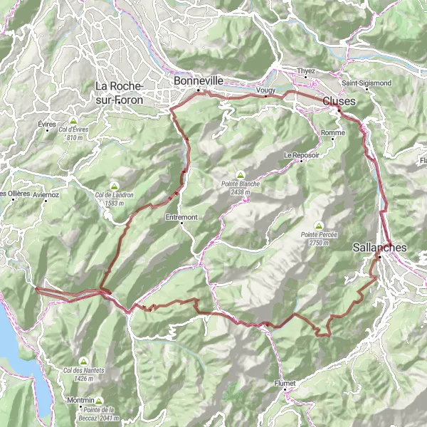 Kartminiatyr av "Grusvei utfordring til Col des Glières fra Sallanches" sykkelinspirasjon i Rhône-Alpes, France. Generert av Tarmacs.app sykkelrutoplanlegger