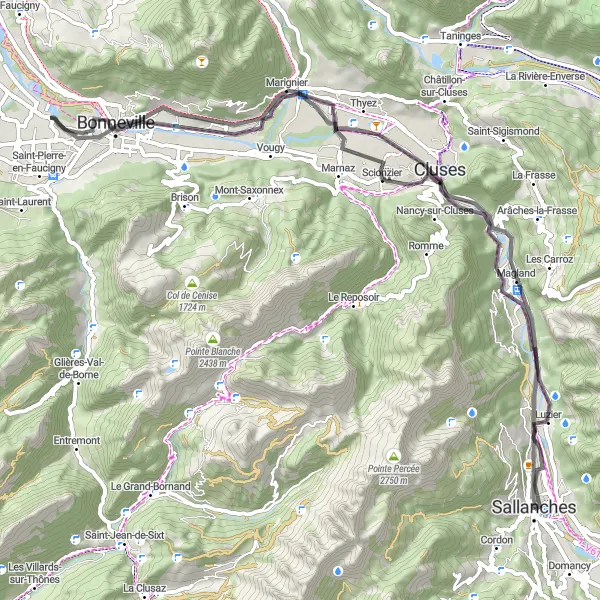 Miniatua del mapa de inspiración ciclista "Ruta de ciclismo de carretera a Sallanches" en Rhône-Alpes, France. Generado por Tarmacs.app planificador de rutas ciclistas