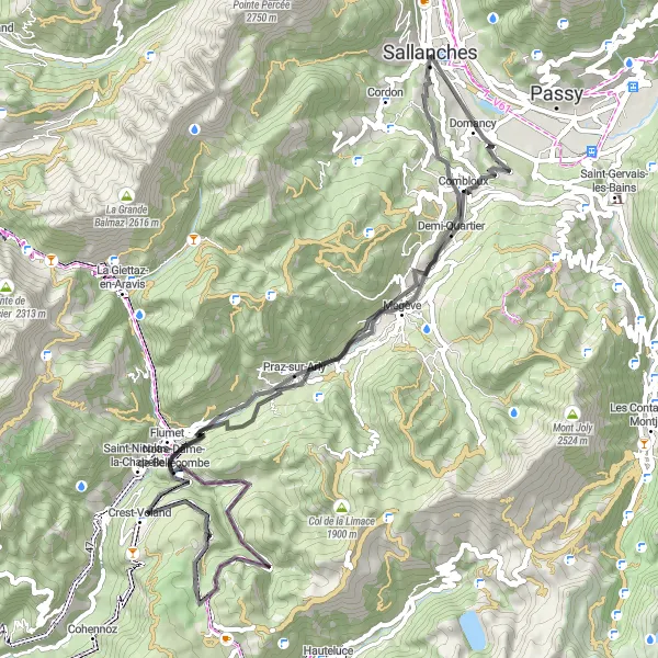 Kartminiatyr av "Utforsk Mont Blanc-regionen på landeveisritt" sykkelinspirasjon i Rhône-Alpes, France. Generert av Tarmacs.app sykkelrutoplanlegger