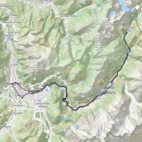 Miniaturní mapa "Cyklotrasa s výhledy na hory Sallanches - Les Houches - Cascade de Bérard - Vallorcine" inspirace pro cyklisty v oblasti Rhône-Alpes, France. Vytvořeno pomocí plánovače tras Tarmacs.app