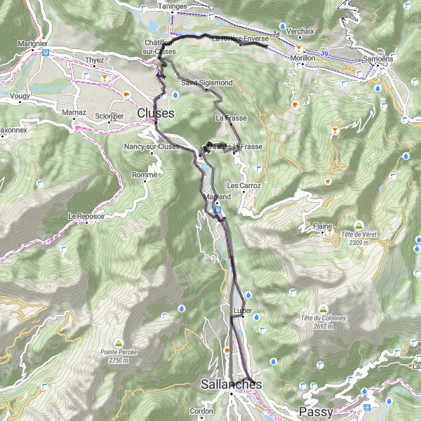 Miniatua del mapa de inspiración ciclista "Ruta de ciclismo de carretera cerca de Sallanches" en Rhône-Alpes, France. Generado por Tarmacs.app planificador de rutas ciclistas