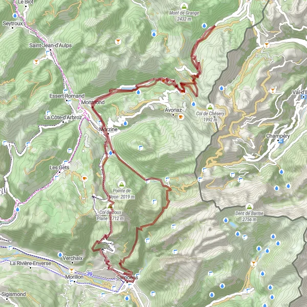 Miniatua del mapa de inspiración ciclista "Ruta de grava desafiante por Samoëns" en Rhône-Alpes, France. Generado por Tarmacs.app planificador de rutas ciclistas