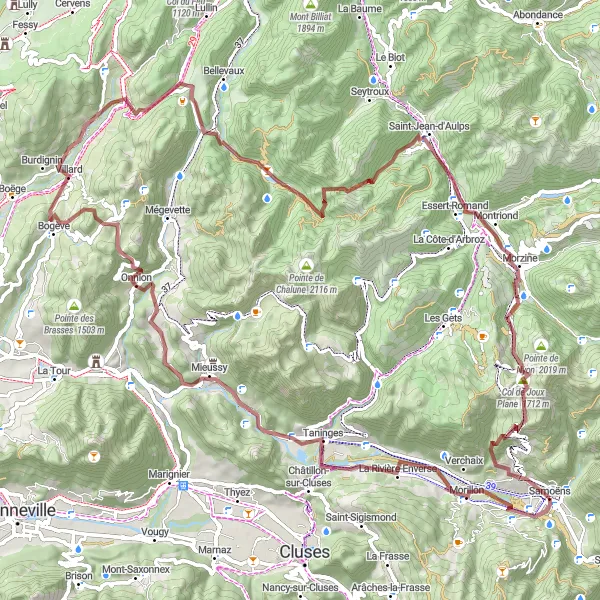 Karttaminiaatyyri "Samoëns - Morillon - Les Suets - Onnion - Habère-Poche - Col de Terramont - La Grande Pointe - Saint-Jean-d'Aulps - Morzine - Col de Joux Plane - La Jaÿsinia - Samoëns" pyöräilyinspiraatiosta alueella Rhône-Alpes, France. Luotu Tarmacs.app pyöräilyreittisuunnittelijalla