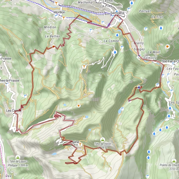 Karttaminiaatyyri "Samoëns - Cascade de Saubaudy - Pointe Perfia - Flaine - Col de Pierre Carrée - Les Carroz - La Jaÿsinia - Gros Tilleul" pyöräilyinspiraatiosta alueella Rhône-Alpes, France. Luotu Tarmacs.app pyöräilyreittisuunnittelijalla