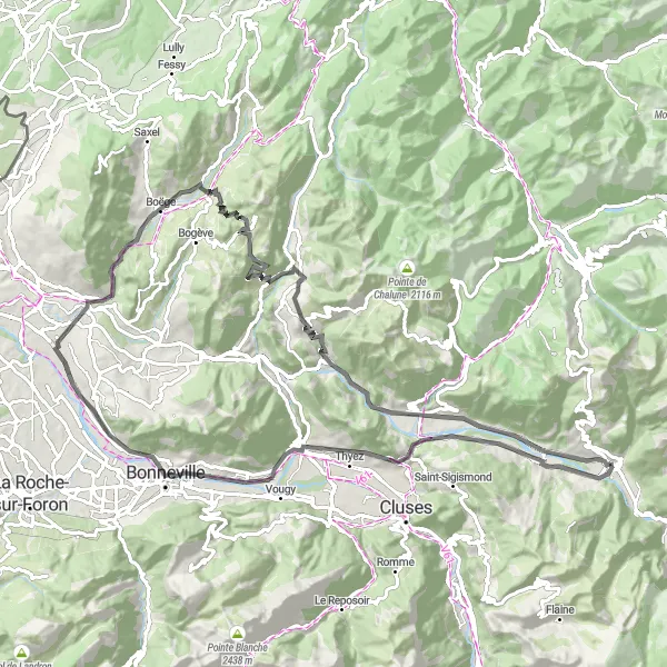 Miniatura della mappa di ispirazione al ciclismo "Scorci pittoreschi vicino a Samoëns" nella regione di Rhône-Alpes, France. Generata da Tarmacs.app, pianificatore di rotte ciclistiche