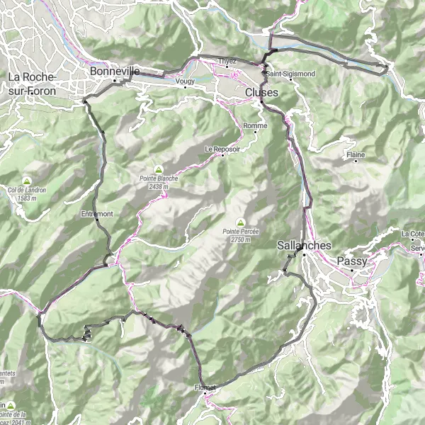 Miniatua del mapa de inspiración ciclista "Travesía desafiante por pintorescos paisajes en los alrededores de Samoëns" en Rhône-Alpes, France. Generado por Tarmacs.app planificador de rutas ciclistas
