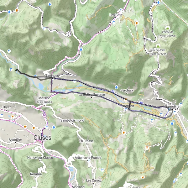 Miniatua del mapa de inspiración ciclista "Paseo en bicicleta por hermosos paisajes cerca de Samoëns" en Rhône-Alpes, France. Generado por Tarmacs.app planificador de rutas ciclistas
