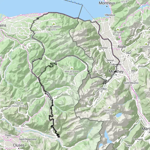 Miniaturní mapa "Výzva kolem Pas de Morgins" inspirace pro cyklisty v oblasti Rhône-Alpes, France. Vytvořeno pomocí plánovače tras Tarmacs.app