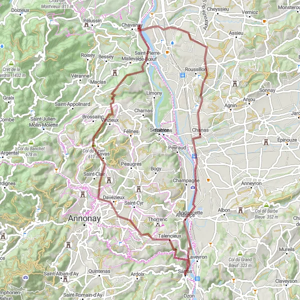 Miniature de la carte de l'inspiration cycliste "Escapade Ardéchoise" dans la Rhône-Alpes, France. Générée par le planificateur d'itinéraire cycliste Tarmacs.app