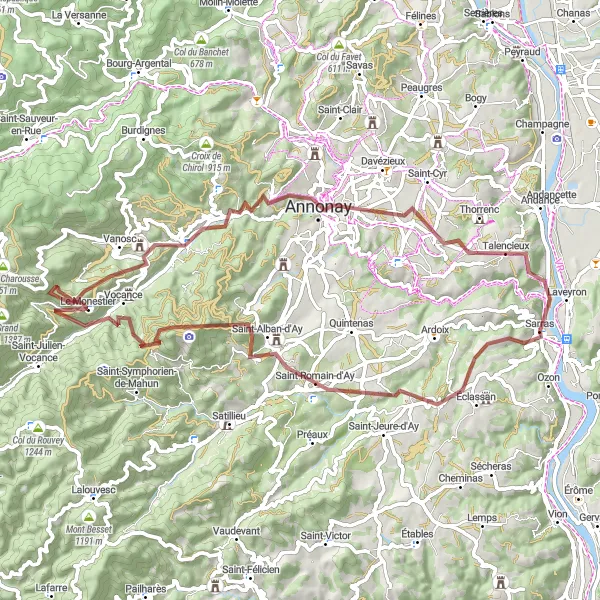 Miniature de la carte de l'inspiration cycliste "Les Monts d'Ardèche" dans la Rhône-Alpes, France. Générée par le planificateur d'itinéraire cycliste Tarmacs.app