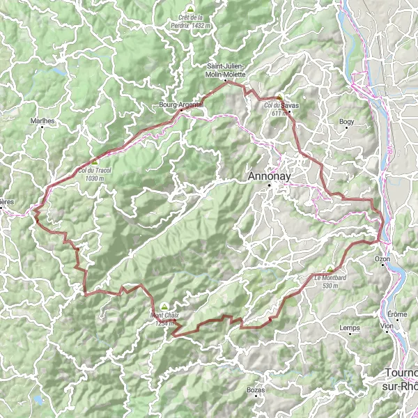 Karttaminiaatyyri "Gravel reitti Sarrasista" pyöräilyinspiraatiosta alueella Rhône-Alpes, France. Luotu Tarmacs.app pyöräilyreittisuunnittelijalla