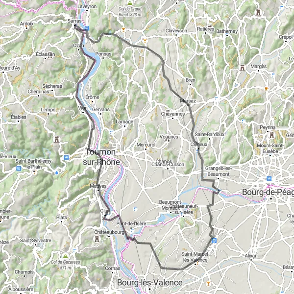 Karttaminiaatyyri "Sarras - Saint-Marcel-lès-Valence - Tain-l'Hermitage - Arras-sur-Rhône - Sarras" pyöräilyinspiraatiosta alueella Rhône-Alpes, France. Luotu Tarmacs.app pyöräilyreittisuunnittelijalla