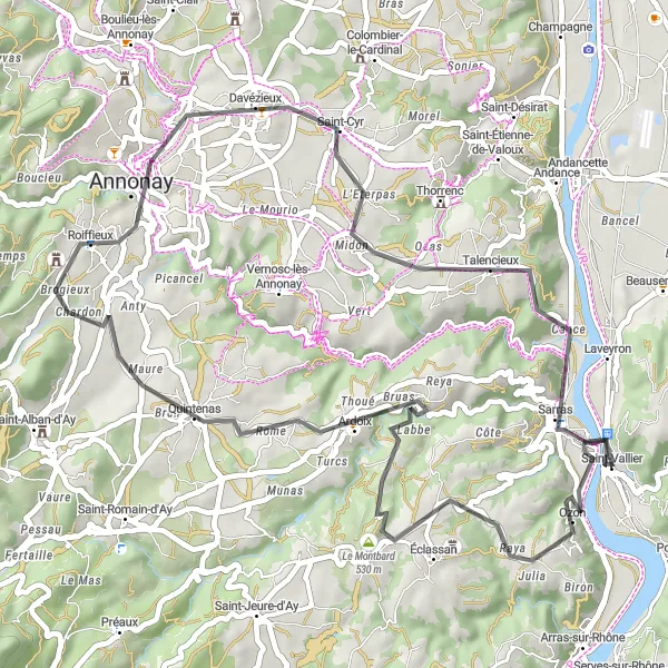 Map miniature of "Sarras - Château de Saint-Vallier Loop" cycling inspiration in Rhône-Alpes, France. Generated by Tarmacs.app cycling route planner