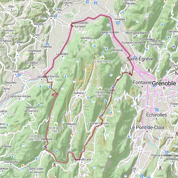 Map miniature of "Gravel adventure through Lans-en-Vercors and Bec de l'Échaillon" cycling inspiration in Rhône-Alpes, France. Generated by Tarmacs.app cycling route planner