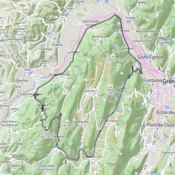 Zemljevid v pomanjšavi "Epic Road Cycling Challenge near Sassenage" kolesarske inspiracije v Rhône-Alpes, France. Generirano z načrtovalcem kolesarskih poti Tarmacs.app