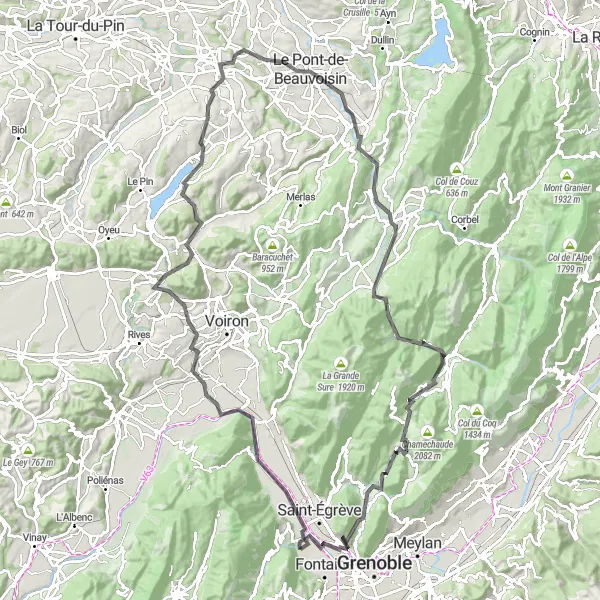 Miniaturní mapa "Okružní cyklistická trasa přes Chartreuse" inspirace pro cyklisty v oblasti Rhône-Alpes, France. Vytvořeno pomocí plánovače tras Tarmacs.app