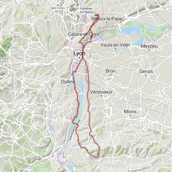Miniatua del mapa de inspiración ciclista "Ruta de Grava de 71 km alrededor de Sathonay-Village" en Rhône-Alpes, France. Generado por Tarmacs.app planificador de rutas ciclistas