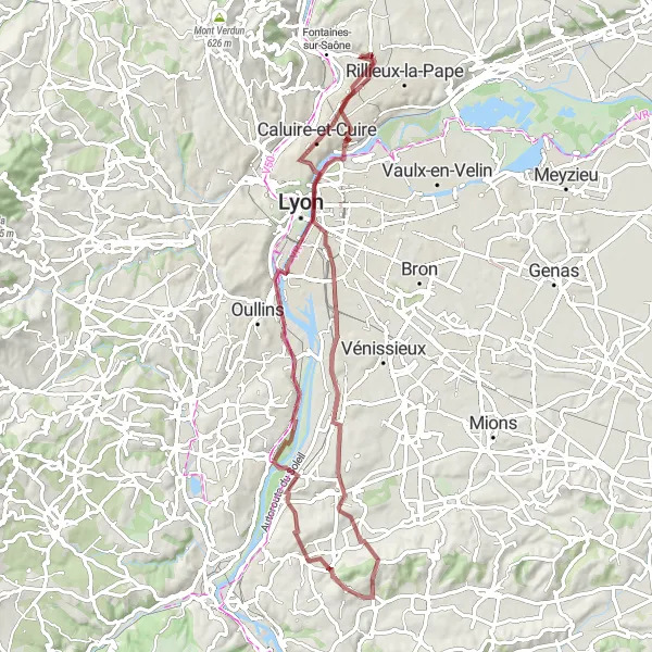 Map miniature of "Gravel Adventure: Lyon to Sathonay Camp" cycling inspiration in Rhône-Alpes, France. Generated by Tarmacs.app cycling route planner