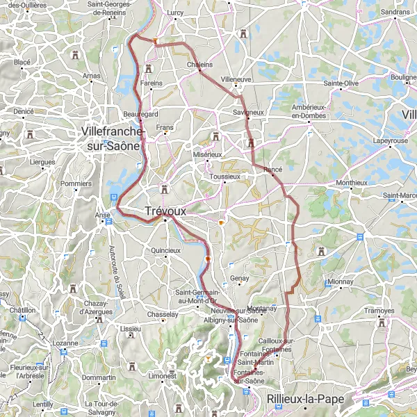 Map miniature of "Cycle through Chaleins to Fontaines-Saint-Martin" cycling inspiration in Rhône-Alpes, France. Generated by Tarmacs.app cycling route planner