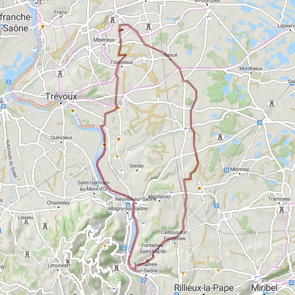 Map miniature of "Discover Reyrieux and Fontaines-Saint-Martin on a Gravel Adventure" cycling inspiration in Rhône-Alpes, France. Generated by Tarmacs.app cycling route planner