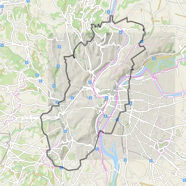 Map miniature of "Ascend to Mont Thou in Rochetaillée-sur-Saône" cycling inspiration in Rhône-Alpes, France. Generated by Tarmacs.app cycling route planner