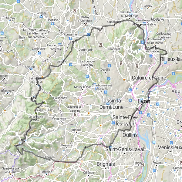 Miniatua del mapa de inspiración ciclista "Ruta Escénica de 99 km desde Sathonay-Village" en Rhône-Alpes, France. Generado por Tarmacs.app planificador de rutas ciclistas