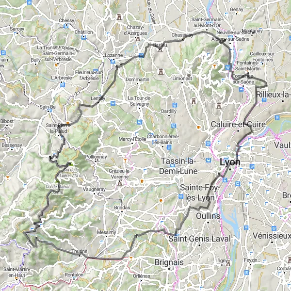 Miniatuurkaart van de fietsinspiratie "Sathonay-Village - Château de Lissieu Route" in Rhône-Alpes, France. Gemaakt door de Tarmacs.app fietsrouteplanner