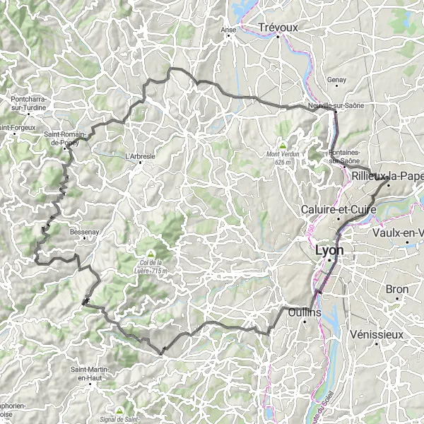 Map miniature of "Conquer the Col de la Croix de Part in Brullioles" cycling inspiration in Rhône-Alpes, France. Generated by Tarmacs.app cycling route planner