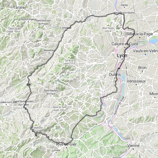 Mapa miniatúra "Náročná cyklistická trasa" cyklistická inšpirácia v Rhône-Alpes, France. Vygenerované cyklistickým plánovačom trás Tarmacs.app