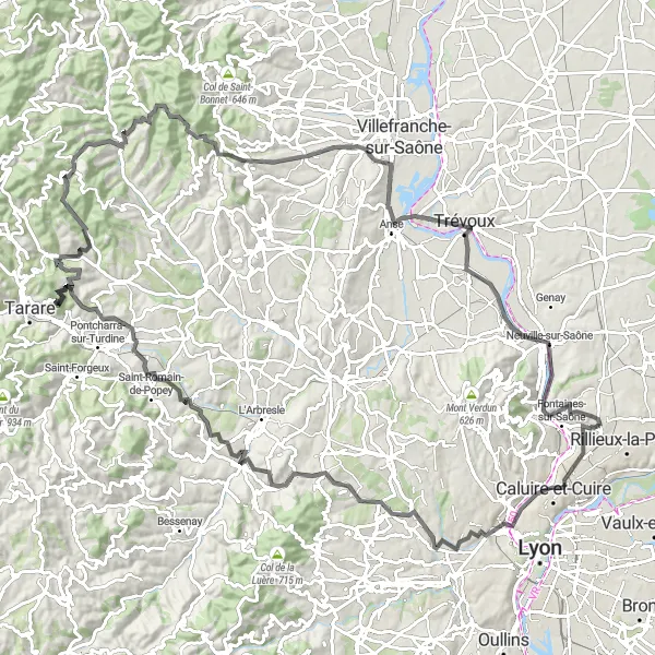 Map miniature of "Lyon to Oingt: A Legendary Climb" cycling inspiration in Rhône-Alpes, France. Generated by Tarmacs.app cycling route planner